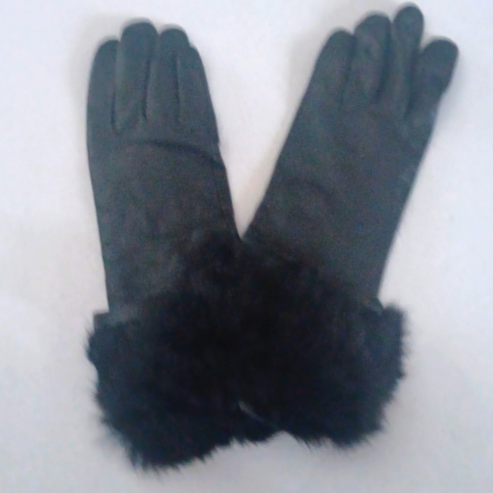 WOMEN'S 11" LONG FUR CUFF LEATHER,  GLOVES , BLACK,SIZE 7.5